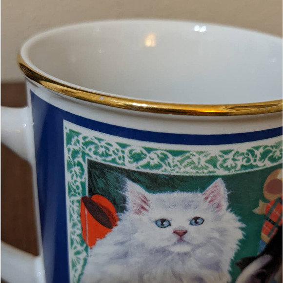 Vintage Christmas Cat Mug by Papel, Cat Playing w/ Ornaments Gold Rim Coffee Cup - Picture 10 of 10